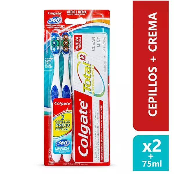 Cepillo Colgate 360 Medio X 2 Unds + Cdtot P/E